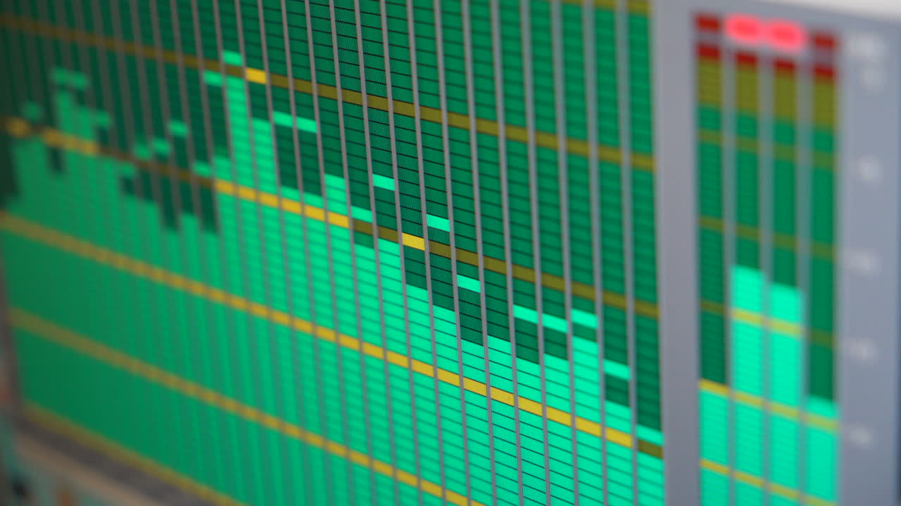 Audio waves on a computer screen. Voice recording for music. Recording studio or radio