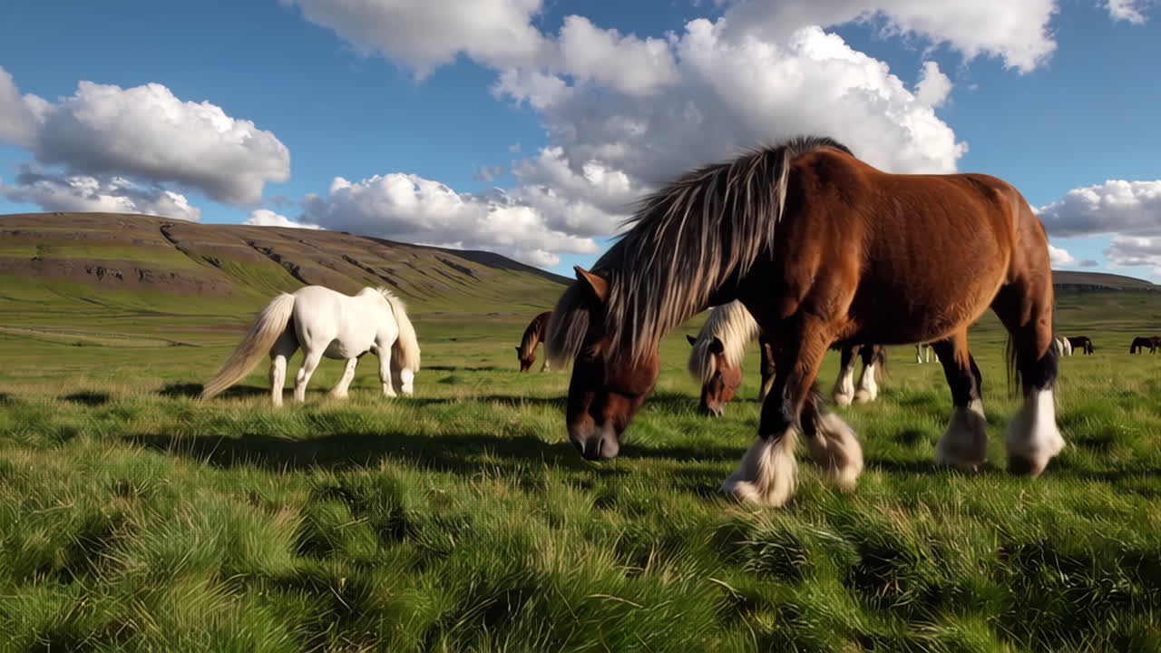 Horses grazing in a green field with mountains