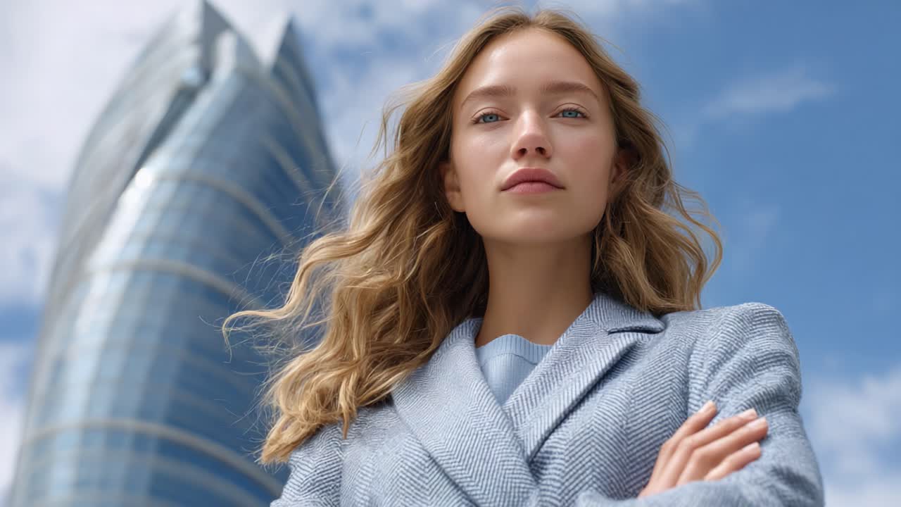 A confident woman stands in front of a modern architectural marvel, embodying strength and poise against a dramatic sky, showcasing a moment of empowerment and inspiration