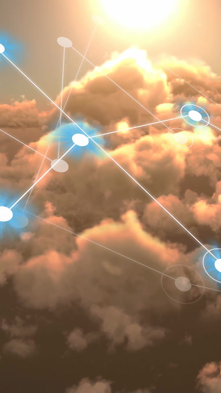 Vertical video: Sun starting soft node grid over golden clouds, nodes pulsing showing network links
