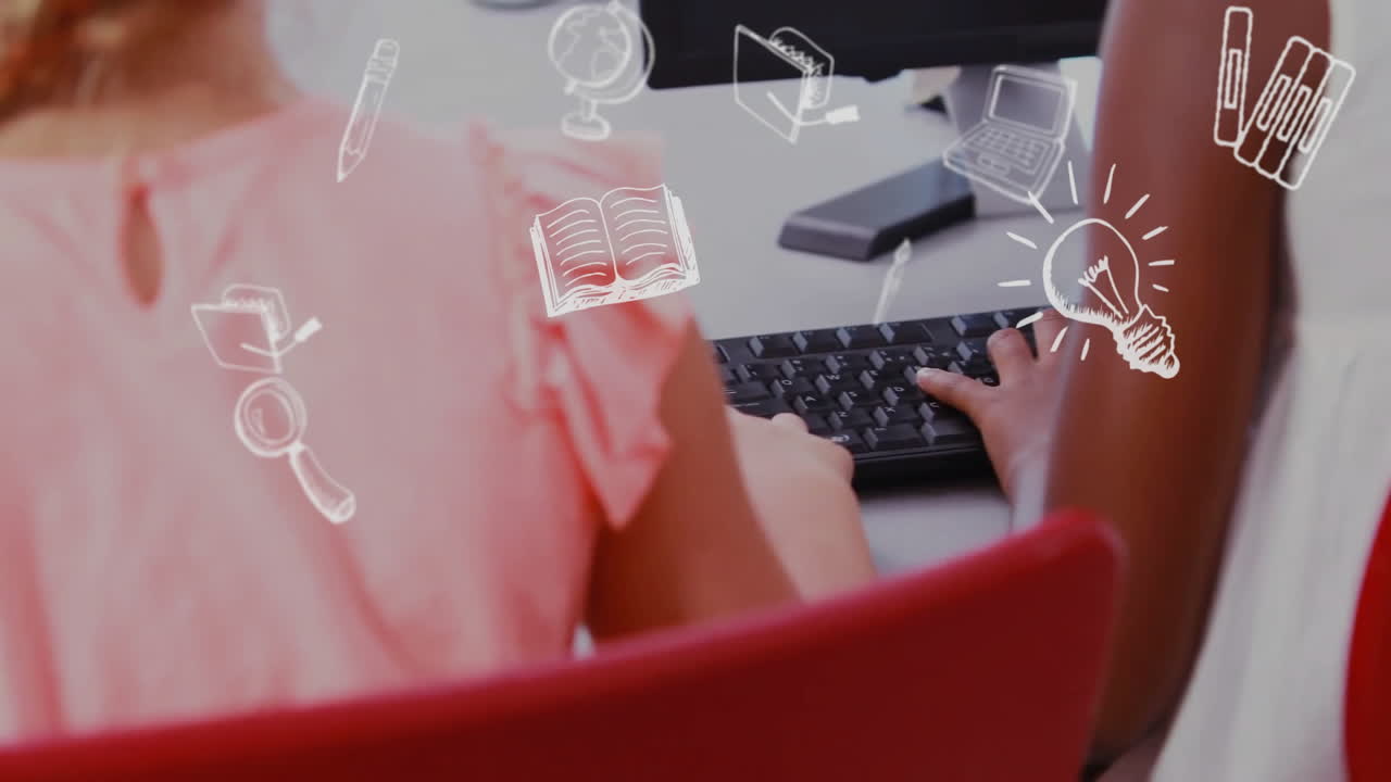 교실에서 다양한 학교 아이들 위에 교육 학교 아이콘의 애니메이션