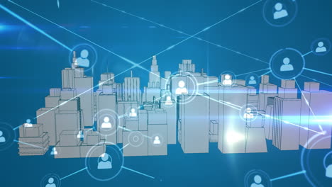 animación de iconos conectados, bengalas de lente sobre el modelo 3d de la ciudad girando contra un fondo azul