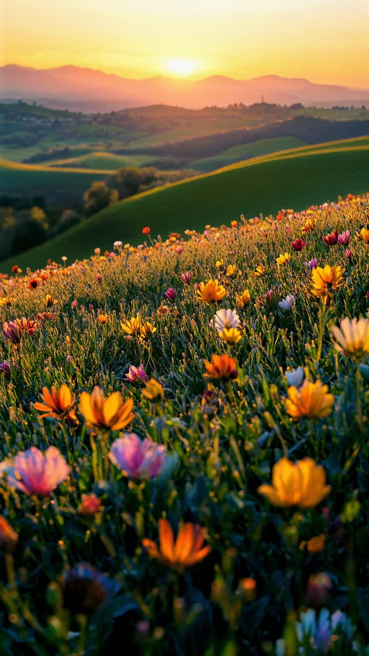 A low-angle video captures a vibrant meadow of wildflowers at sunset ...