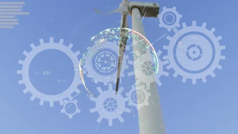 animation of globe and cogs over wind turbine