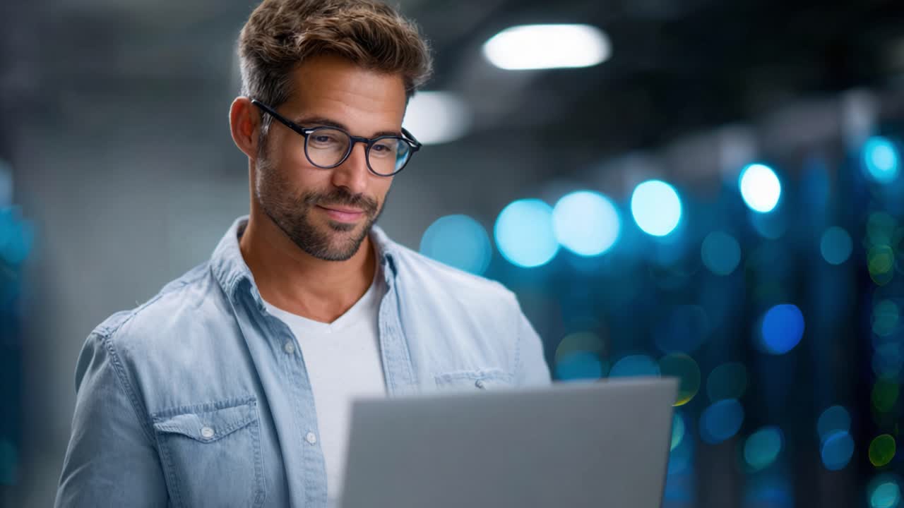 Focused Man Wearing Glasses and Blue Shirt Engaged with Laptop in Modern Tech Environment with Soft Lighting and Abstract Background Elements