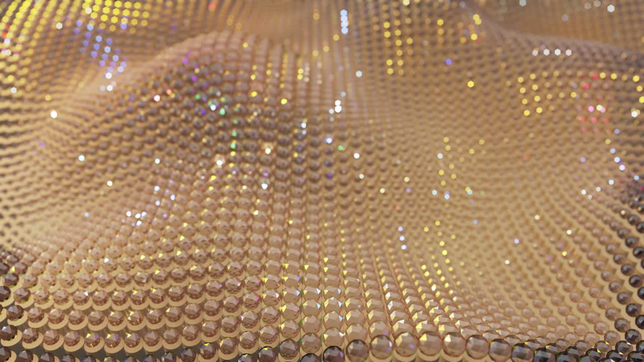 Abstract 3d animation of rows of sparkling glass balls and golden rows. 4k movie