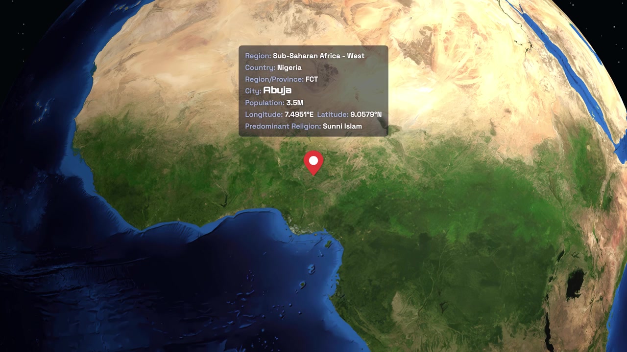 A 3D globe rotates and zooms into Abuja, Nigeria, with an informative data overlay