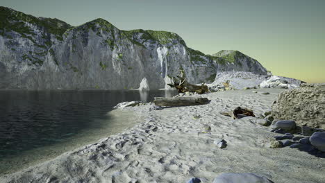 tranquil coastal landscape with cliffs and sandy beach at sunrise