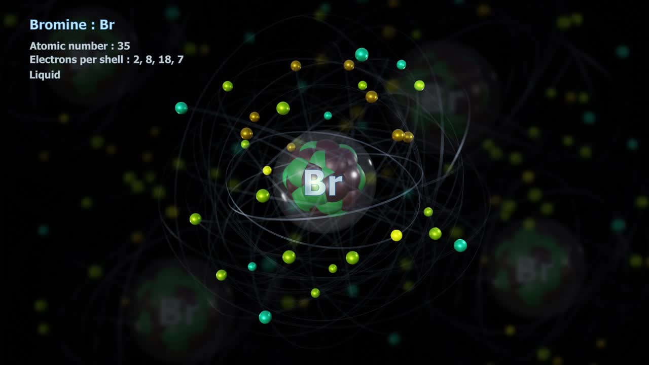 35개의 전자를 가진 브롬 원자는 원자들과 무한한 도 회전 속에 있다.