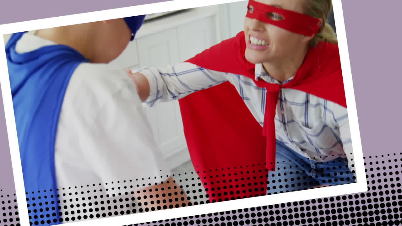 madre superhéroe atando los cordones de los zapatos de sus hijos