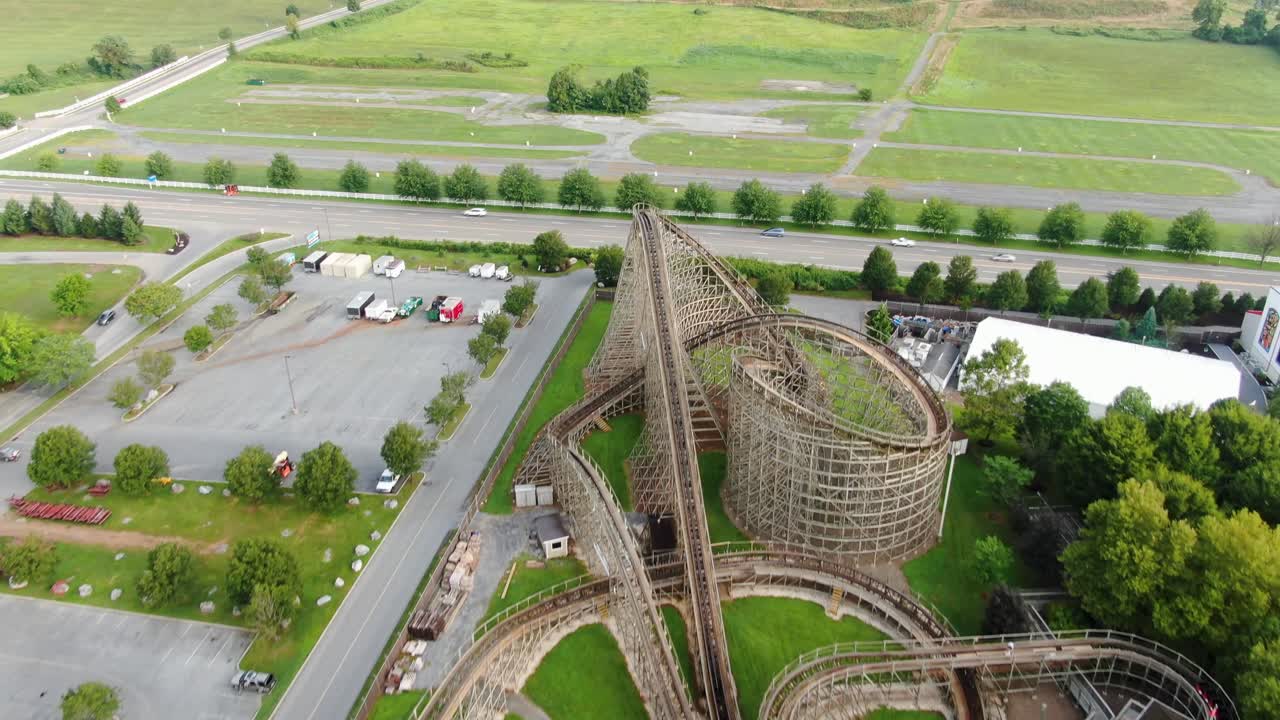 A large wooden roller coaster in Pennsylvania, aerial drone view