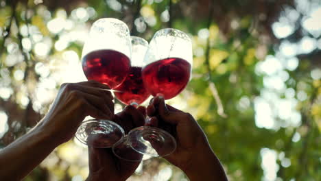 brindis con copas de vino rosado en un día soleado en cámara lenta