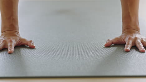 mujer de yoga de cerca practicando en una colchoneta de ejercicios entrenando una postura de perro boca abajo estirando el cuerpo flexible en un estudio de entrenamiento disfrutando de un estilo de vida saludable