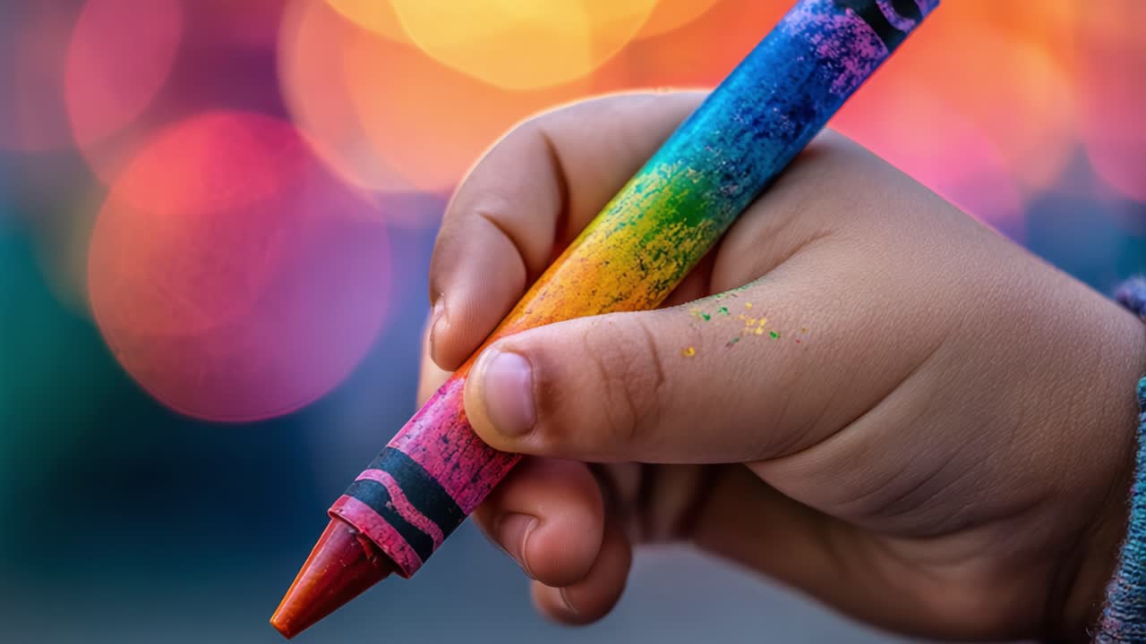 Vibrant Close-Up of a Child's Hand Holding a Colorful Crayon Against a Bright Bokeh Background, Symbolizing Creativity and Imagination