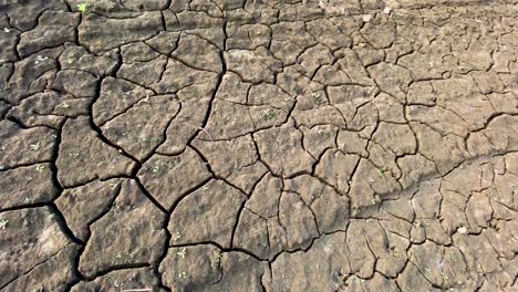 primer plano del terreno de suelo arcilloso reseco, toma panorámica en un día soleado, concepto de sequía