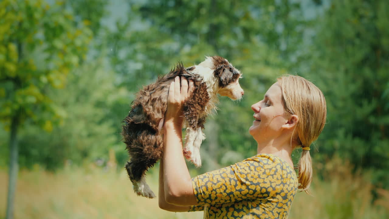 애완동물과 빗속에서 노는 행복한 강아지 주인