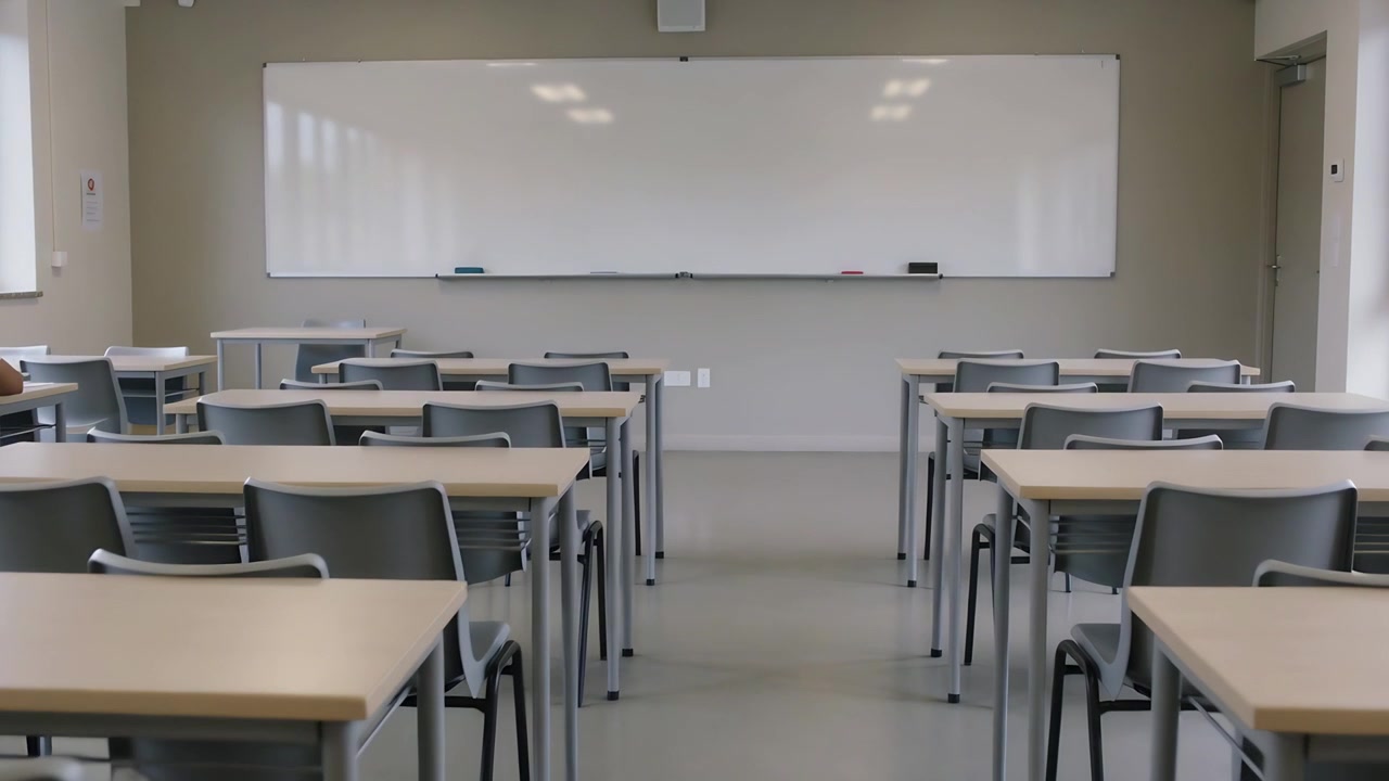 Studente in bianco che lascia la scrivania dopo una panoramica della telecamera, mostrando un'aula vuota, con spazio per il testo.