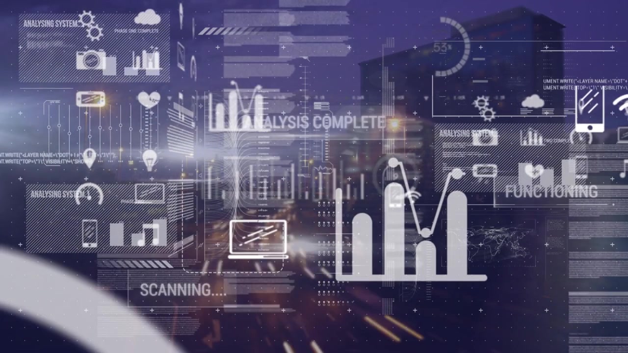 Animation of data processing and icons over cityscape