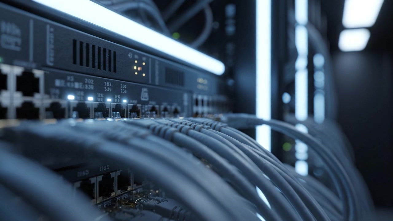 Modern Server Infrastructure Showcasing High-Speed Connections and Data Transmission in a Dark Data Center Environment with Sleek LED Lighting