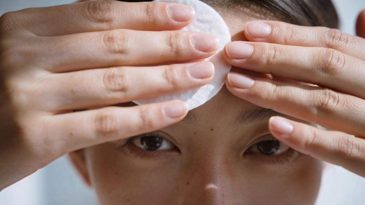 Starting woman pressing cotton pad across forehead at vanity by window, with hands for skincare