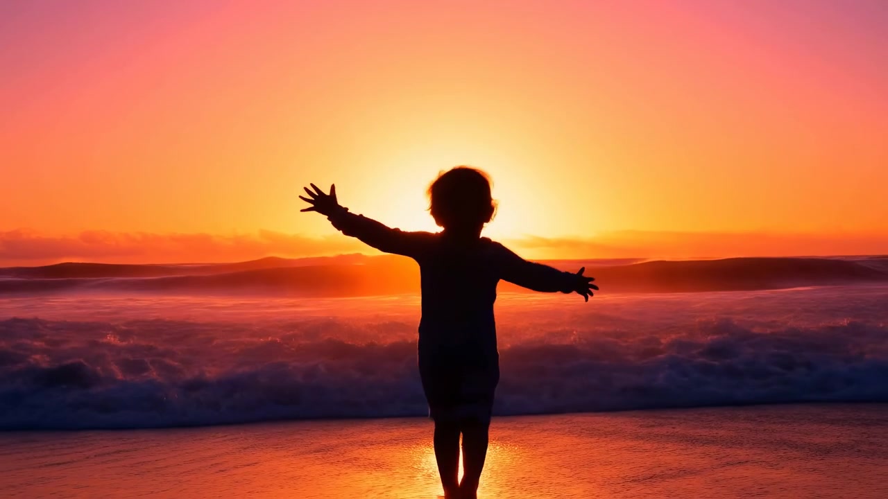A child appears in silhouette, leaping with arms wide on a sunset-lit beach