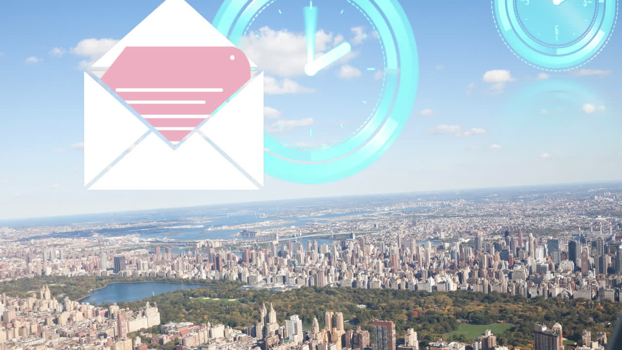 都市風景上の移動する時計とソーシャルメディアのアイコンのアニメーション