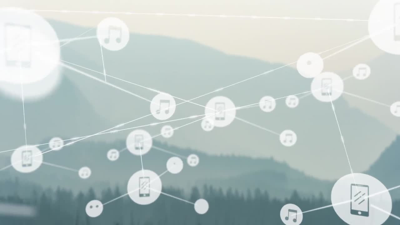 풍경 위의 아이콘으로 연결된 네트워크의 애니메이션