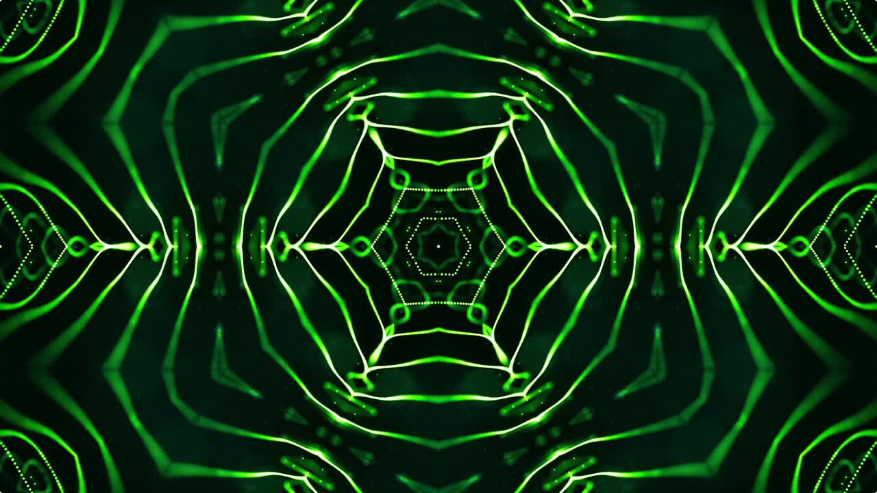 las partículas verdes brillantes forman líneas, superficies, patrones estelares, estructuras de caleidoscopio. fondo 3d de ciencia ficción en bucle de 4k con estructuras de puntos simétricos de abstracción en movimiento. bg virtual o holográfico