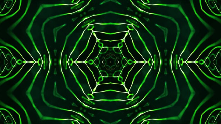 glow green particles form lines, surfaces, star pattern, kaleidoscope structures. 4k looped sci-fi 3d background with Abstraction symmetrical point structures in motion. Virtual or holographic bg