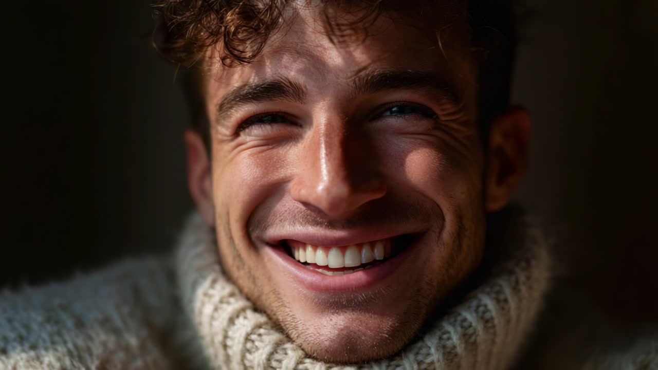 Capturing Joy and Warmth: A Radiant Smile Illuminates the Scene, Showcasing Genuine Happiness in a Cozy Setting with Soft Light and Inviting Textures Around