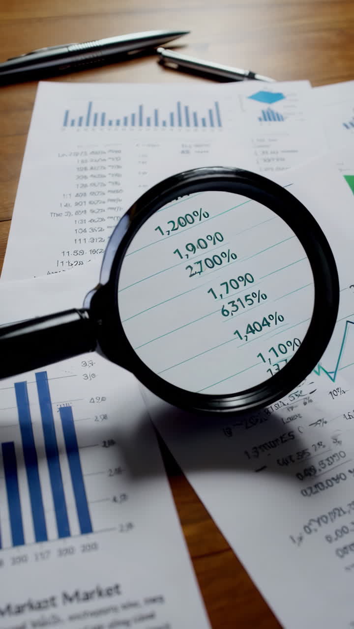 Close-up of a magnifying glass on financial documents and charts
