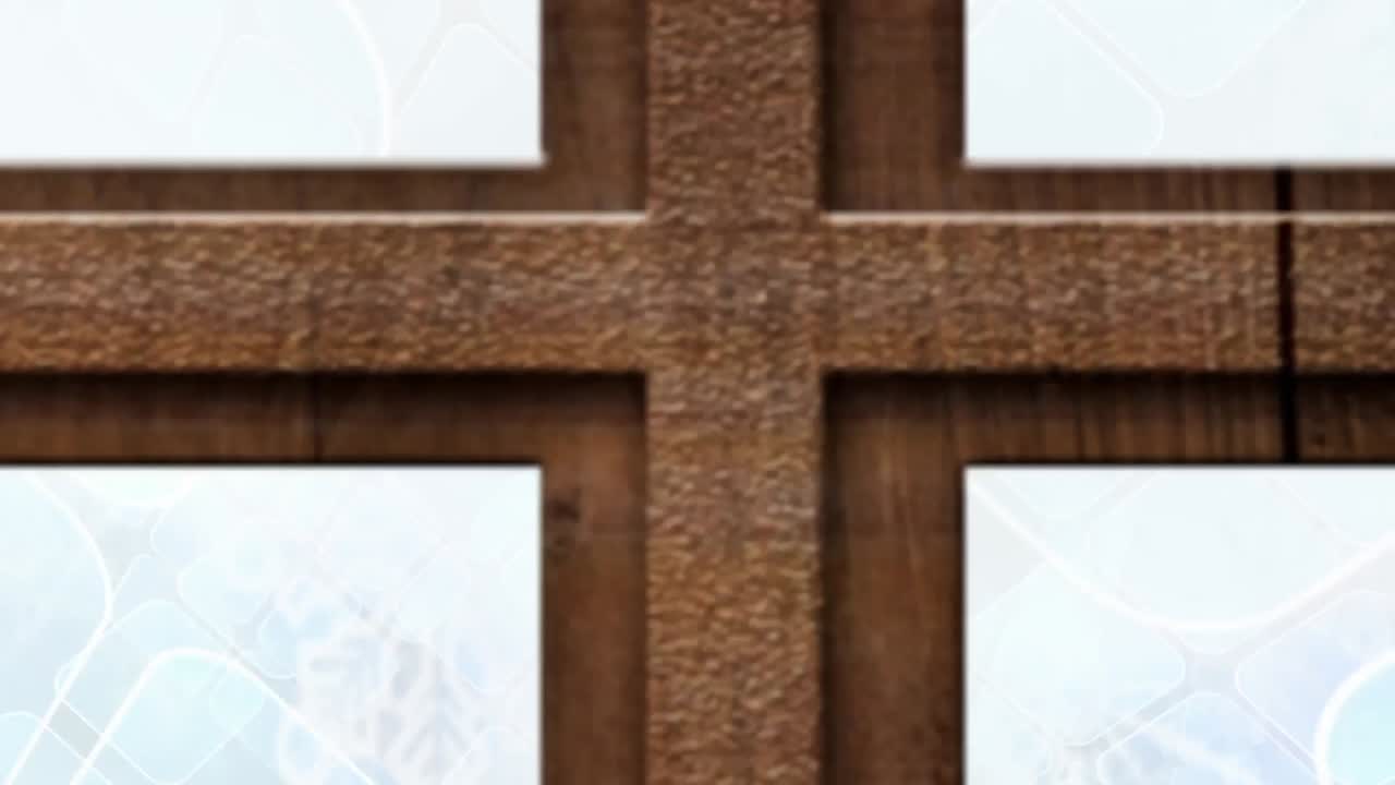 크리스마스 트리와 나무 창문 프레임은 파란 바탕에 여러 개의 파란 사각형 모양을 배경으로합니다.