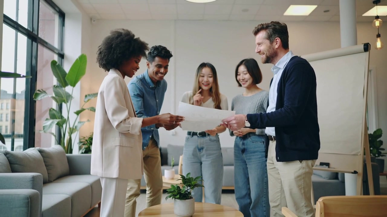 Holding poster, team wearing smart casual clothes leaning in office lounge, finalizing plan