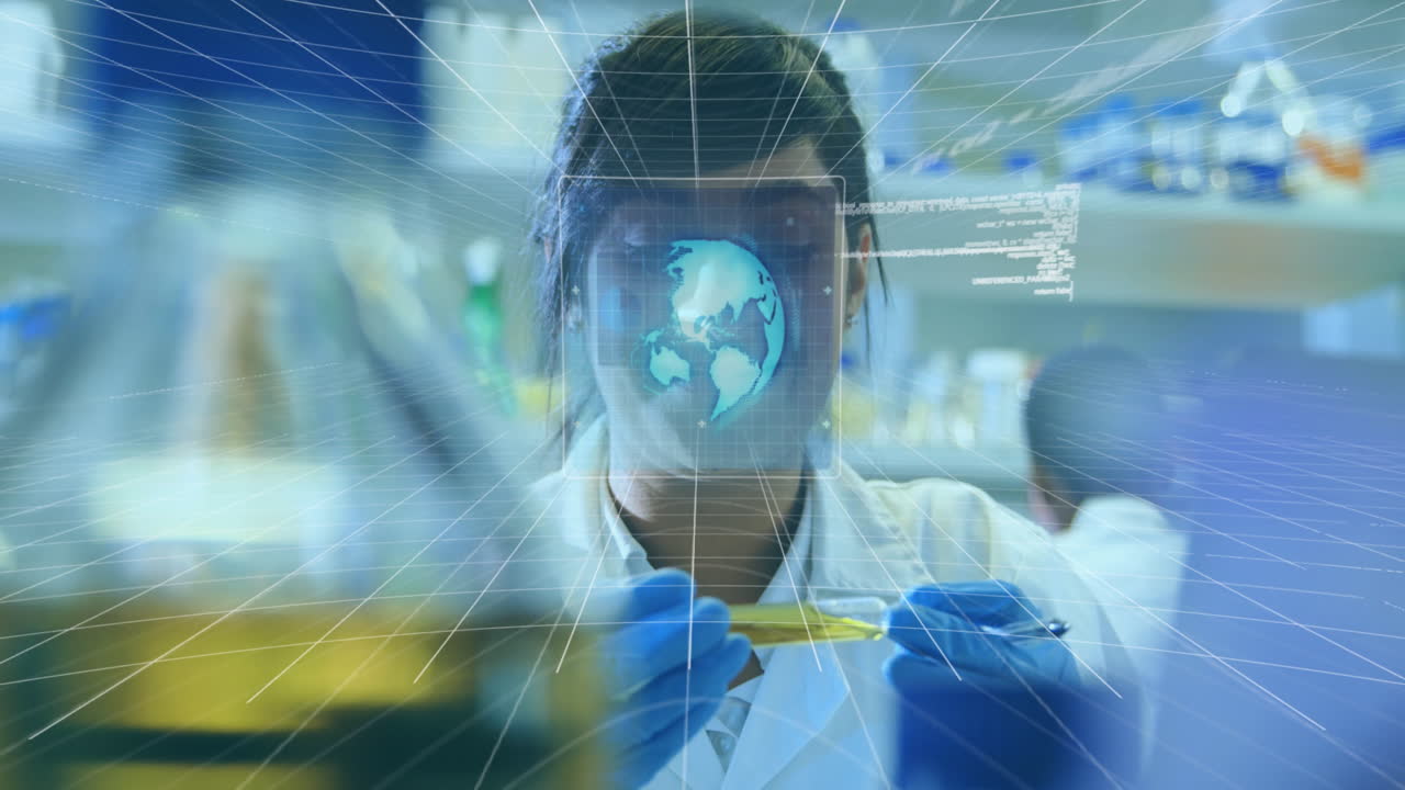 Animation of data processing over biracial female scientist in laboratory