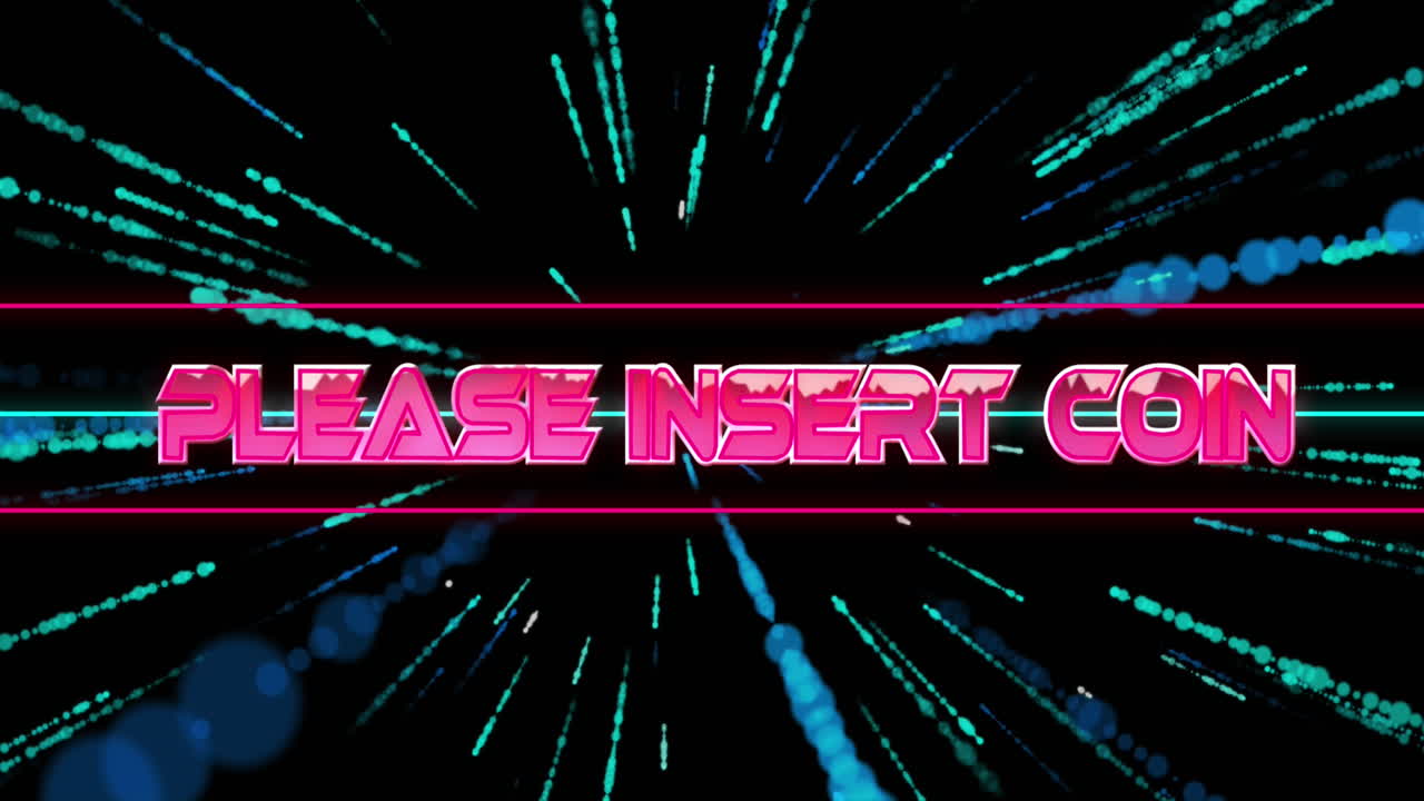 동전 텍스트를 검은색 배경에 반사되는 날아다니는 점 위에 입하십시오.