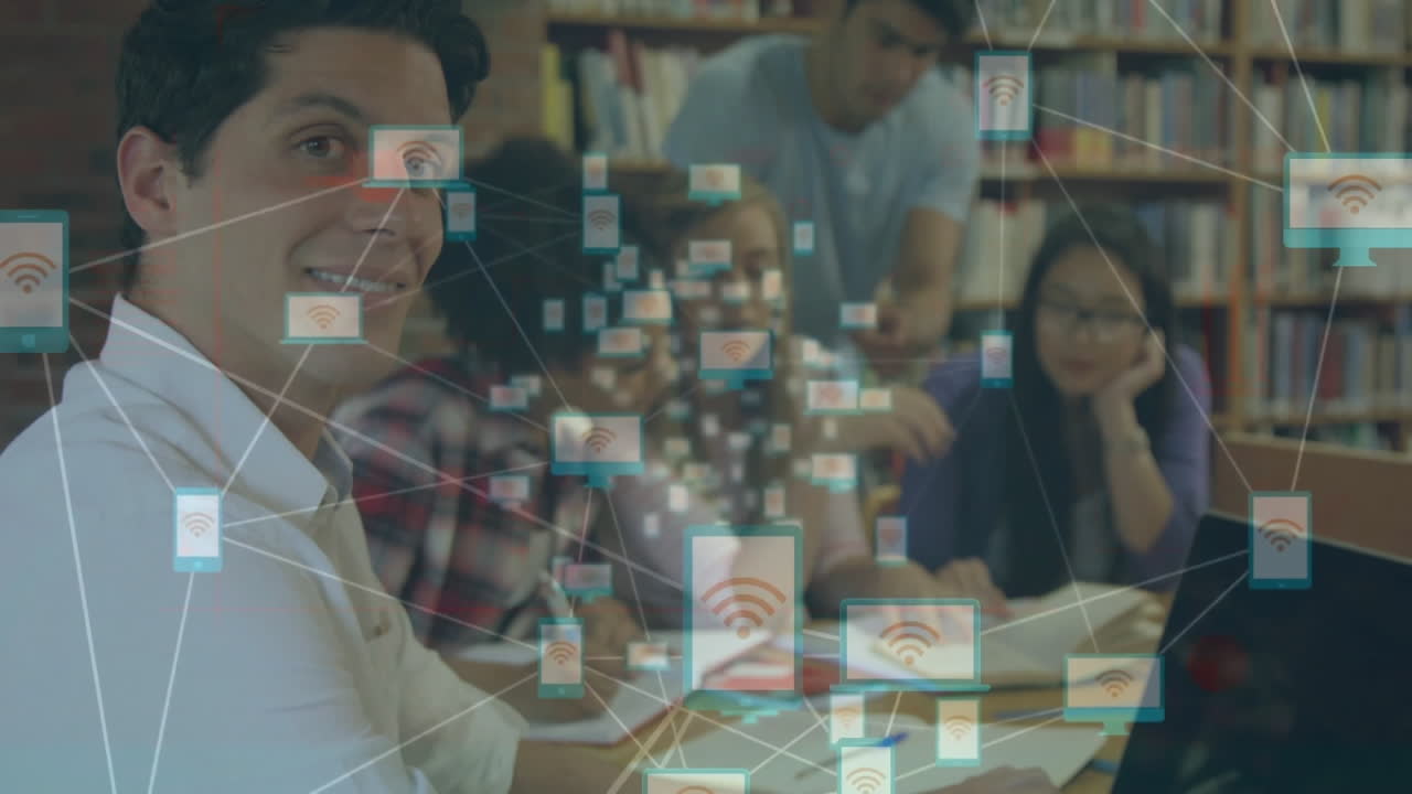animación de la red de conexiones con iconos sobre diversos estudiantes que aprenden en la biblioteca
