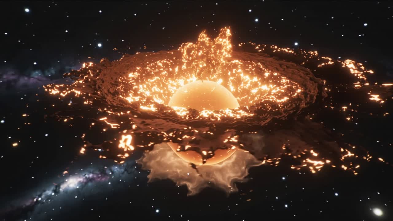 Brightening molten ring ejecting fiery plume and fragments around glowing orange sphere in space