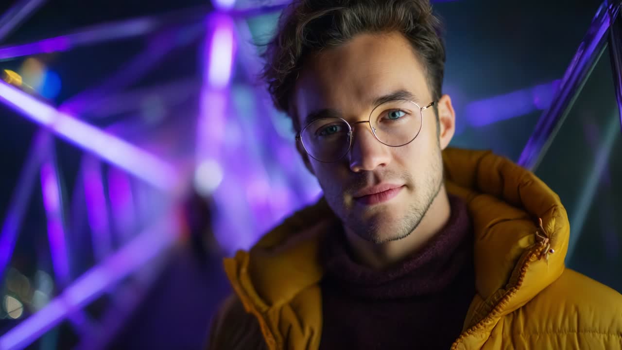A young man wearing a cozy yellow jacket poses confidently against a vibrant, illuminated background of colorful lights, showcasing a cheerful demeanor and stylish glasses in a captivating urban setting