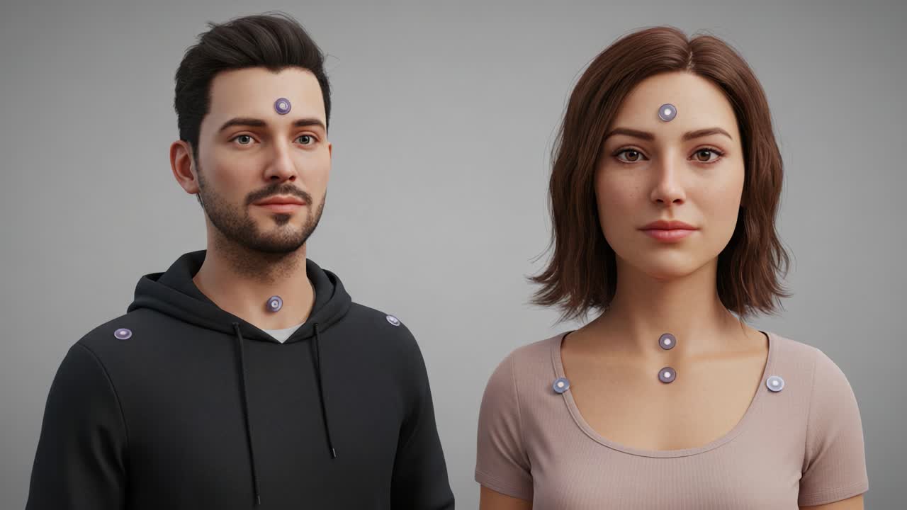 Realistic Digital Renderings of Two Characters Showcasing Facial Capture Technology and Expression Analysis in a Studio Environment