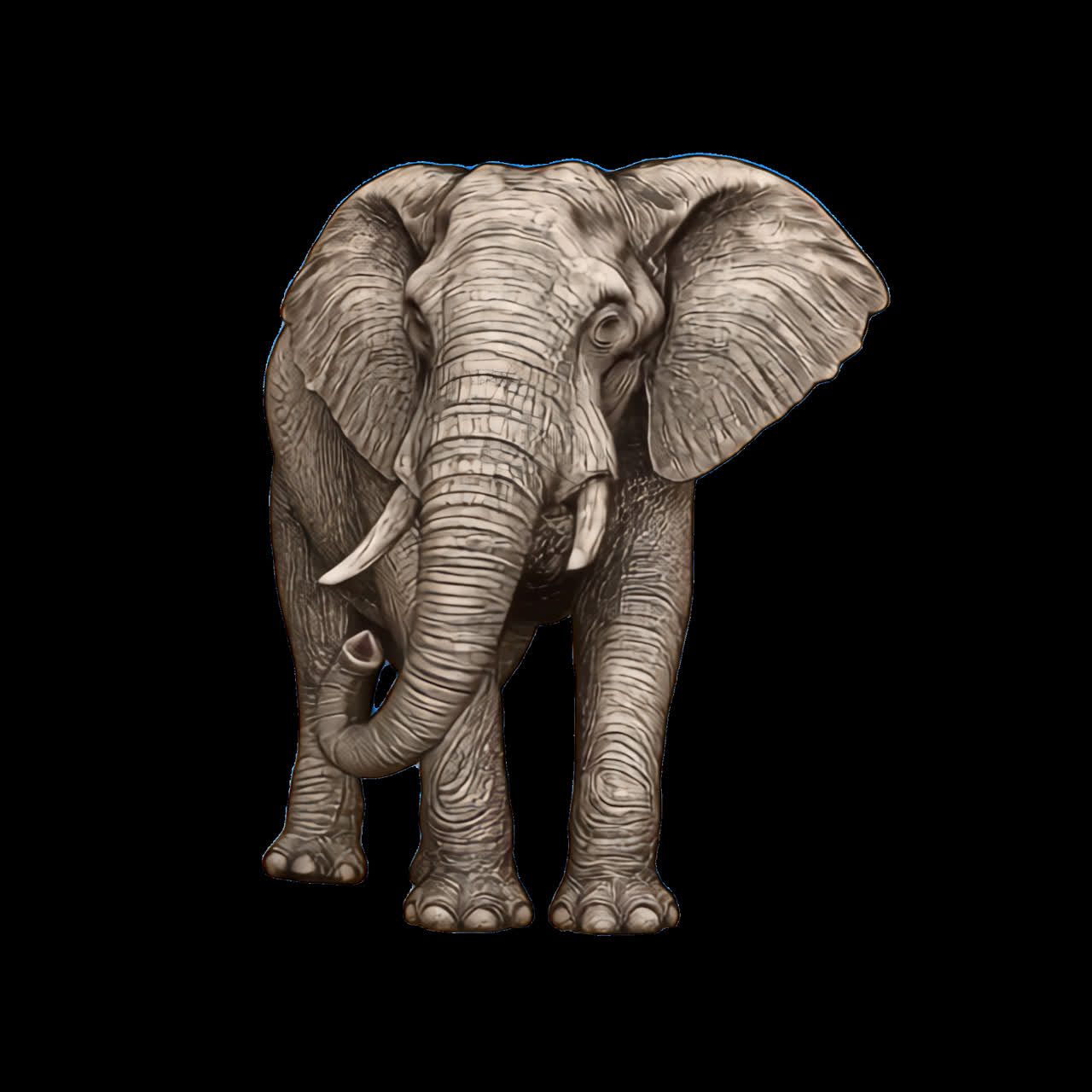 Detailed elephant illustration animation isolated asset, transparent 4K video, alpha channel, ProRes