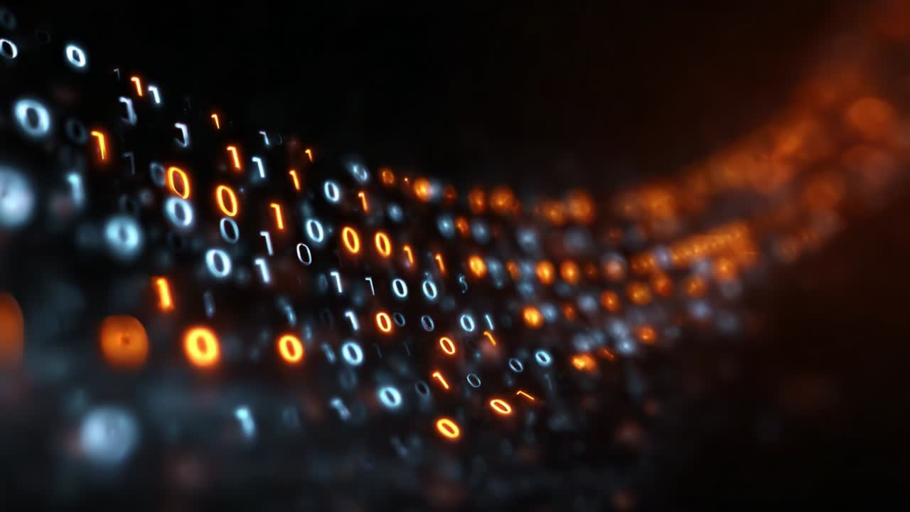 A mesmerizing flow of binary data streams through a digital landscape, illustrating the seamless transfer of information as glowing numbers surge in a dynamic wave of bright orange and blue tones