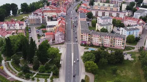 bridge and road leading to downtown of elk city, aerial view