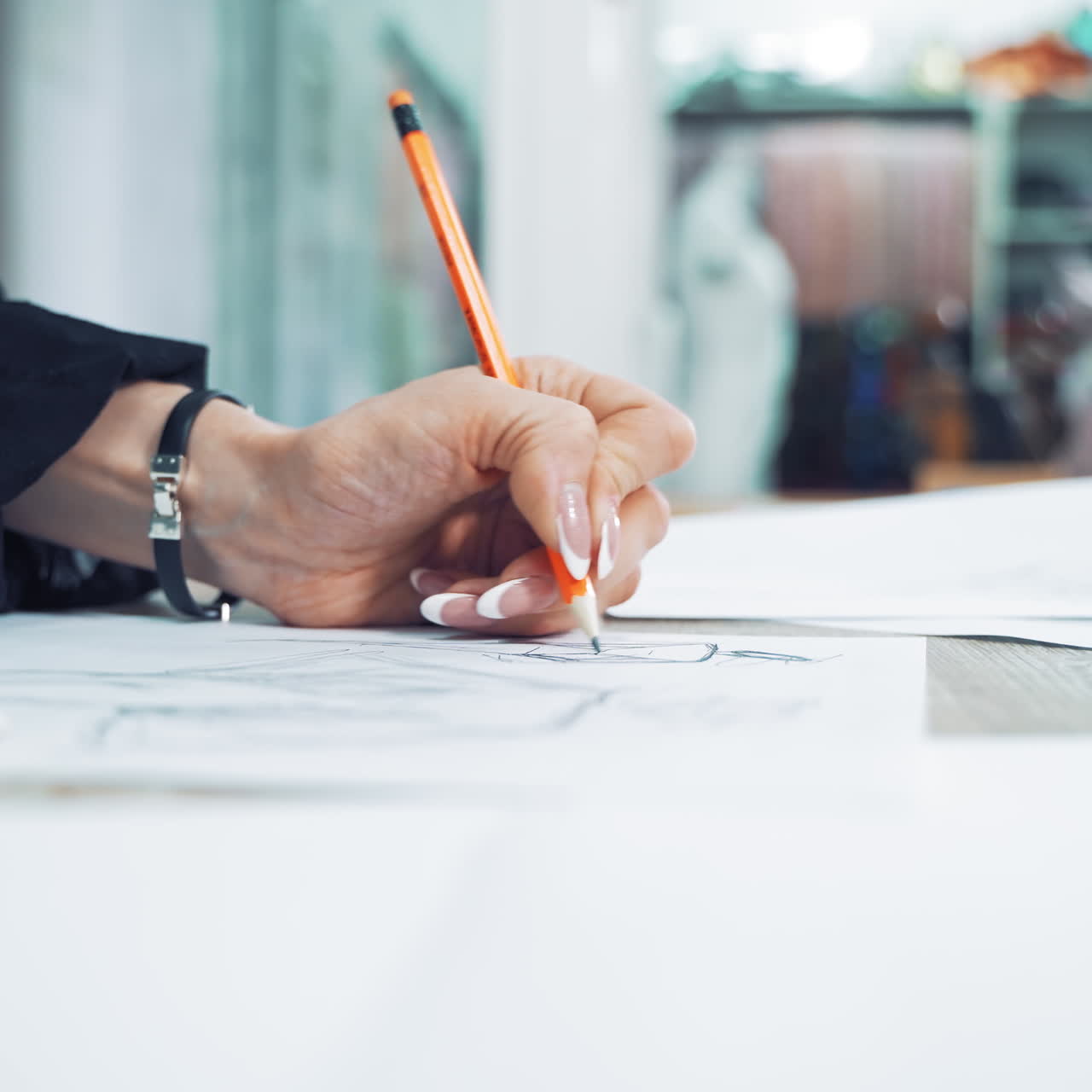 Close-up of seamstress hand with a sharp pencil draws a sketch of a stylish dress on a paper. Woman's hands are making a pattern sketch of a future clothing in atelier. Feminine hobby.