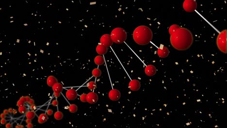 animation of confetti falling and 3d dna strand spinning on black background