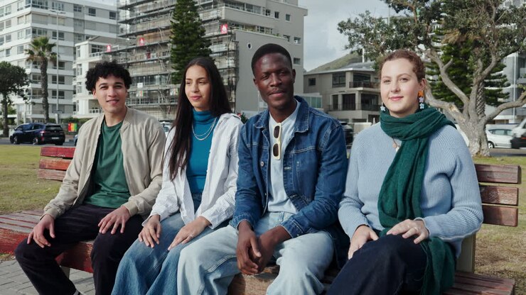 Group of Friends Posing on a Bench