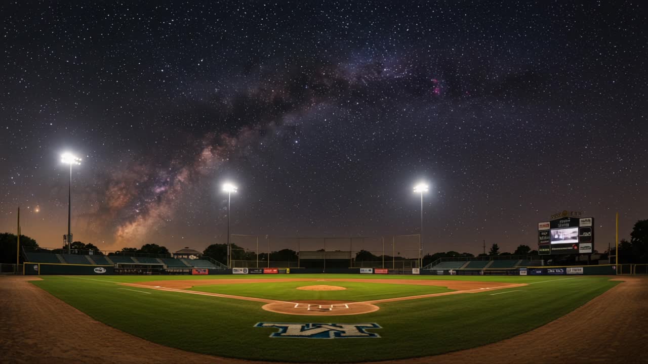 A Stunning Nighttime Baseball Field Beneath a Starry Sky, Showcasing the Milky Way Arching Gracefully Over the Perfectly Lit Diamond and Surroundings