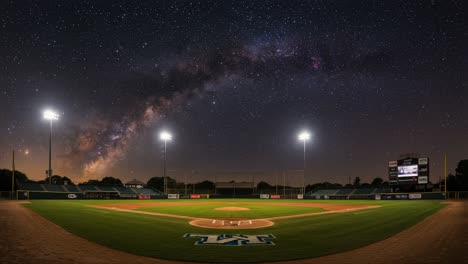 a stunning nighttime baseball field beneath a starry sky, showcasing the milky way arching gracefully over the perfectly lit diamond and surroundings