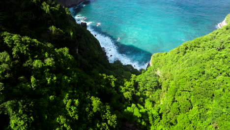 summits of lush greenery, water of turquoise, incoming white tide waves