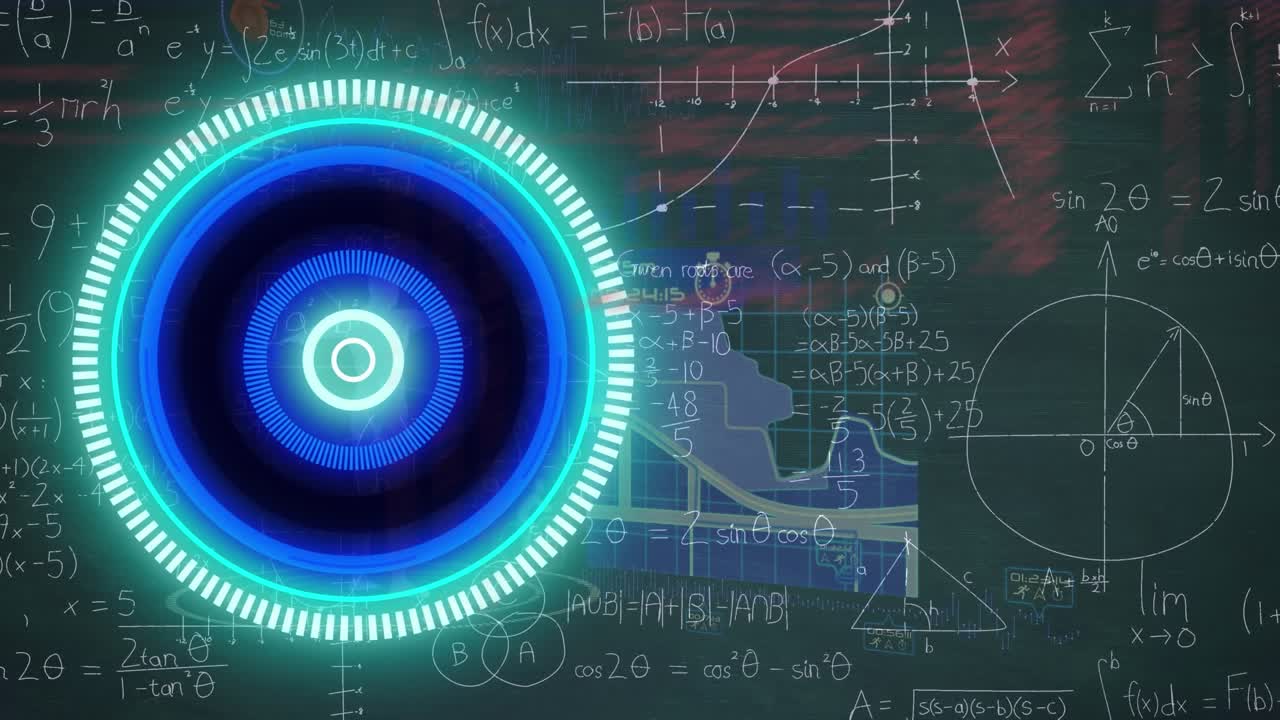 Animation of neon round scanner, data processing and mathematical equations on grey background