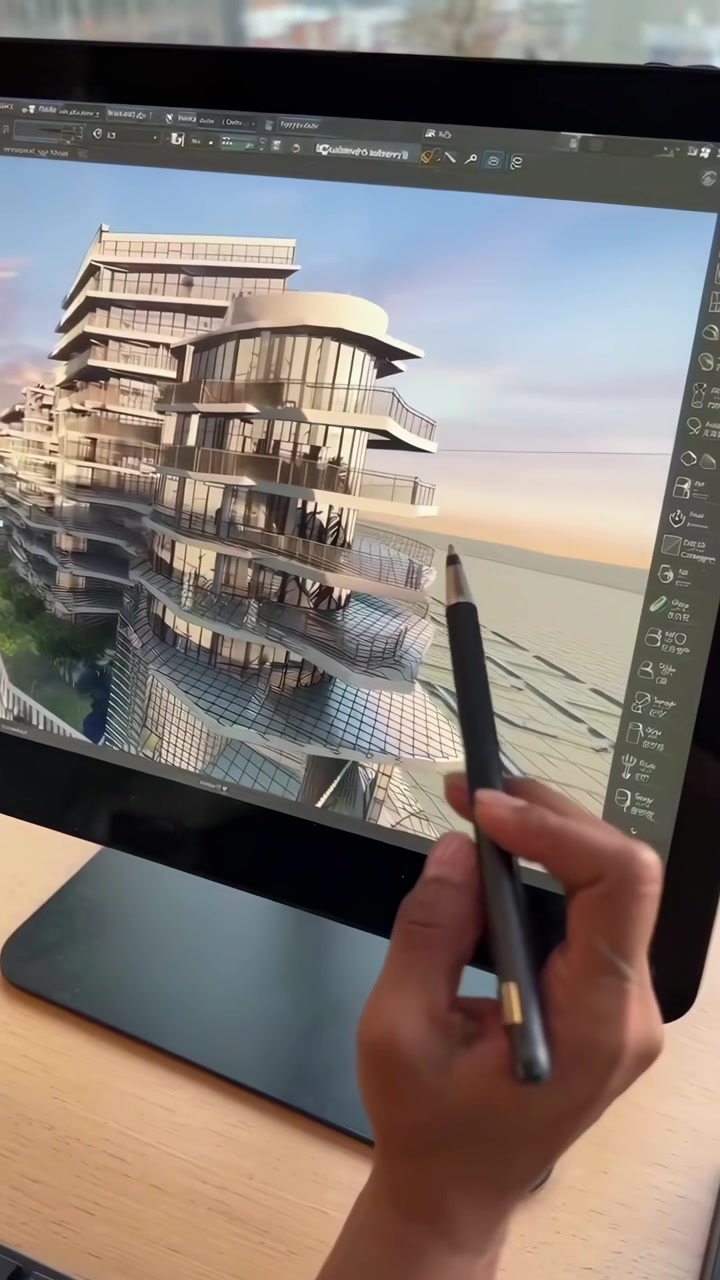 Architetto donna al lavoro su un design architettonico 3D al tramonto